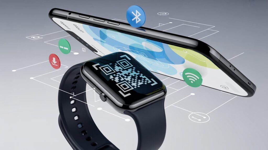 App smartwatch sendo configurado via QR Code no celular
