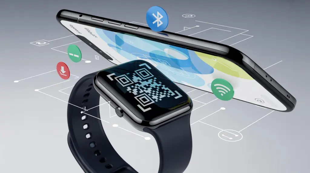 App smartwatch sendo configurado via QR Code no celular