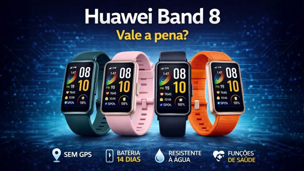 4 Huawei Band 8 um ao lado do outro com 4 caracteriscas abaixo das pulseiras inteligentes